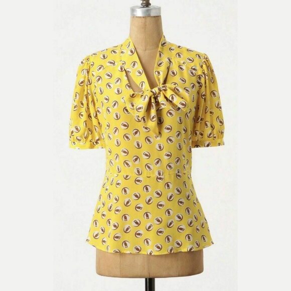 Anthropologie Tops - Anthro | Girls of Savoy Lemon Liftoff Owl Print Silk Peplum Blouse